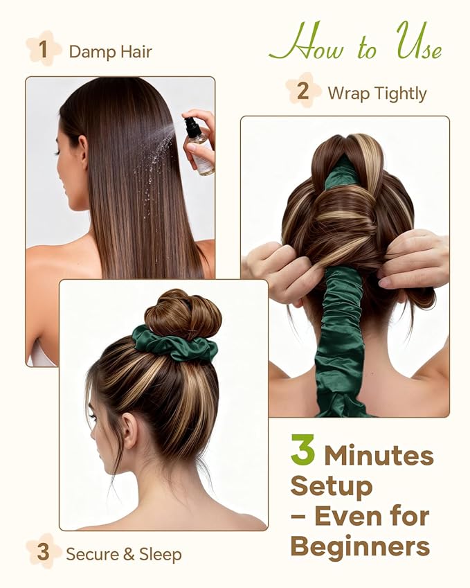 BONNET QUEEN Satin Heatless Hair Curler, Overnight Curls for Long Hair, ultra soft Heatless Curling Rod & 2 Scrunchies,Damage-Free Styling, Soft Hair Curlers for Overnight Use(Dark Green)