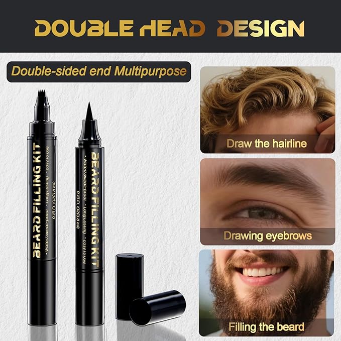 Beard Pen Beard Pencil Filler for Men Beard Filler 4 Tip Pen for Natural Looking Beard 2PCS Beard Pencil & 1PCS Double Head Beard Brush Double Head Four Fork Eyebrow Pencil Eyeliner (Dark Brown)