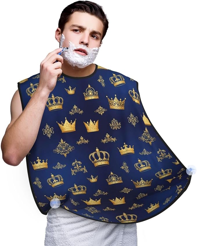 Adjustable Beard Bib, Non-Stick Hair Catcher Cape for Men's Shaving, Waterproof with 2 Suction Cups, Purple Blue Gold Royal Crown Shave Bib