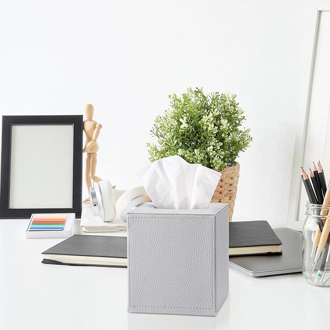 Sumnacon Tissue Box Cover Square Tissue Box Stylish PU Tissue Box Holder with Magnetic Bottom, Leather Cube Tissue Cover for Living Room Bathroom Bedroom Table Desk Home Office Car, Light Grey