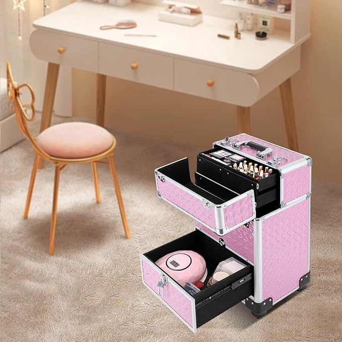 3in1 Rolling Makeup Train Case,Aluminum Trolley Case with 360° Rotation Wheels for Professional Salon Barber Traveling Cart Trunk Cosmetic Beauty Storage (Pink 18.5in)