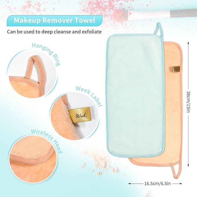 Makeup Remover Cloth 7-Day Set, 15"x6.5" Reusable Makeup Remover Towels, Makeup Washcloths, Skin Friendly Soft Washable Coral Fleece Microfiber Towel for Face, Eye, Lips Gift for Women