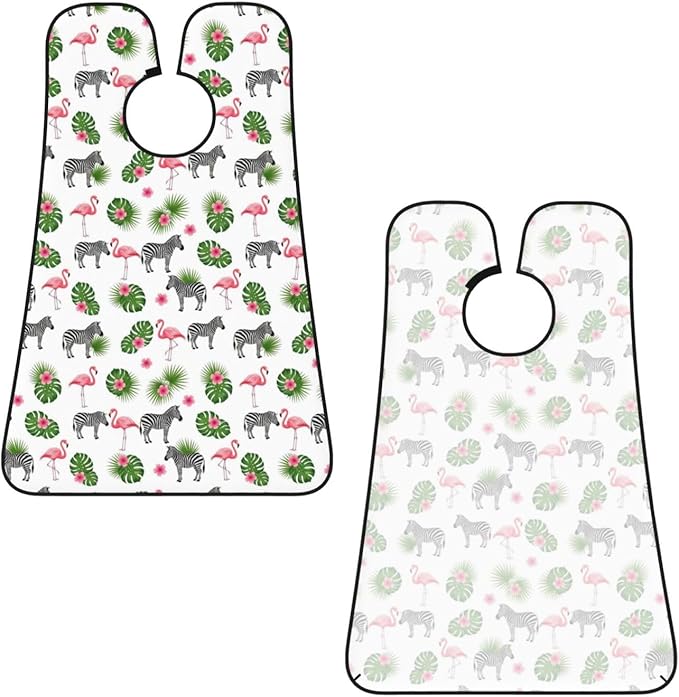 No-Slip Shaving Bib, Beard Grooming Apron with Strong Suction Cups, Green Palm Leaf Zebra Pink Flamingo Floral