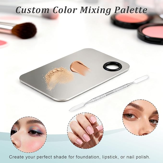 Stainless Steel Makeup Mixing Palette with Spatula – Upgraded Metal Tray for Foundation, Eyeshadow, Lipstick & Nail Art, Durable & Easy to Clean