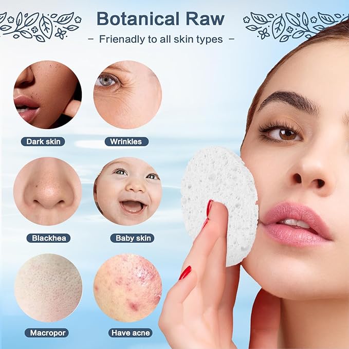 60-Count Compressed Facial Sponges Natural Cellulose - Reusable Professional Face Sponge for Cleansing, Exfoliating & Makeup Removal, Gentle Spa Skincare Tools for Travel Home Bath (White)