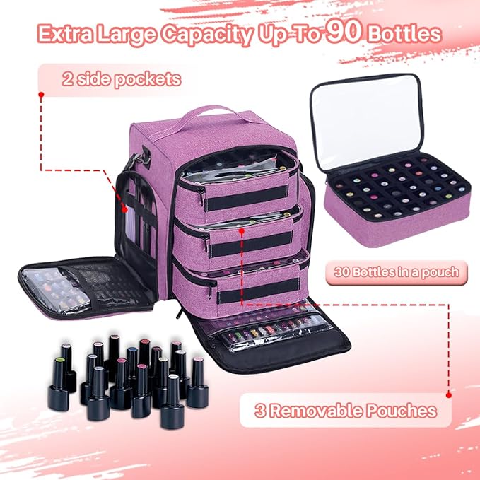 Nail Polish Organizer Storage Box, Holds 90 Bottles of Nail Polish, Portable Travel Case with 3 Separate Storage Bags, Can Be Used for Nail Art Supplies, Manicurists, etc Purple
