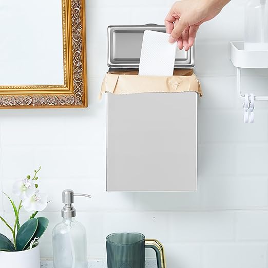 Tioncy 1 Pcs Sanitary Napkin Receptacle with 100 Feminine Hygiene Liner Bag Wall Mounted Tampon Holder for Bathroom Sanitary Napkin Disposal Bags Tampon Disposal Bin for Home Public Restrooms