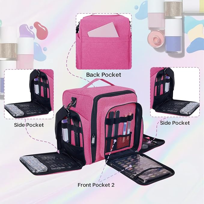 Nail Polish Organizer Holds 60 Bottles and a Nail Lamp,Portable Travel Case with 2 Removable Bags and Tools Storage Pockets Rose Red