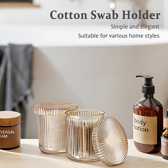 Hipiwe 2 Pack Glass Qtip Holder Dispenser Bathroom Organizers and Storage Q-tip Apothecary Jars with Lid Vanity Makeup Organizer Bathroom Canister, Cotton Swabs, Balls, Pads, Floss Picks, Amber