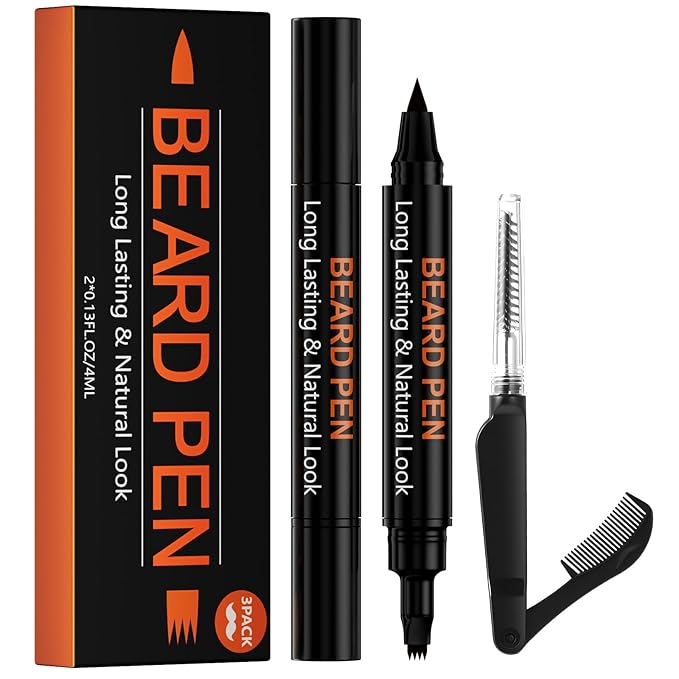 3-Pack Beard Pen Filler for Men, Waterproof & Sweat Proof Long-Lasting Beard Pen Kit with 2 Fillers & 1 Double-Headed Brush – Effectively Enhances Facial Hair (Brown)