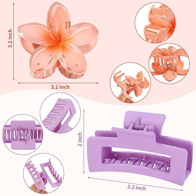 Flower Hair Clips for Women Square Claw Clips for Girls 2 Styles Hair Claw Clips for Thick or Thin Hair 6 PCS Hawaiian Hibiscus Rectangle Large Plumeria Medium Hair Accessories for Women (Purple)
