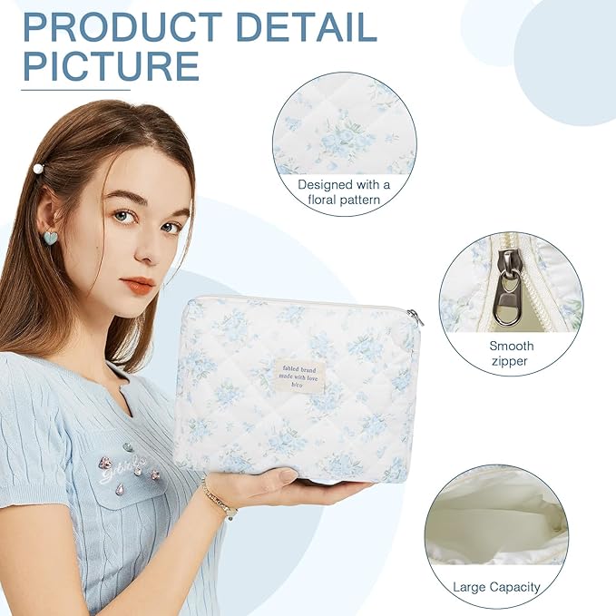 Floral Makeup Bag, Large Cosmetic Bag for Women Girls, Cute Cotton Makeup Pouch, Quilted Makeup Bags, Flower Travel Toiletry Organizer Bag(Blue Rose)