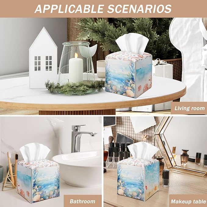 Coastal Starfish Seashell Tissue Box Cover Square with Bottom Belt, Leather Waterproof Tissue Holder Facial Paper Case for Tabletop Home Office Bathroom Car Decor -10