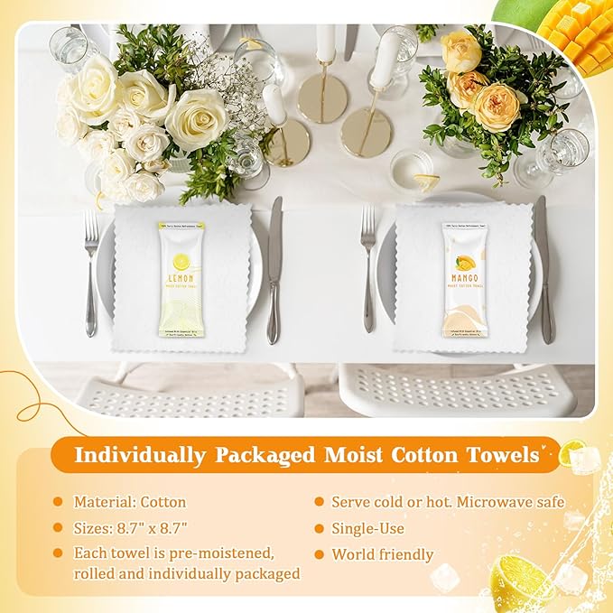 50 Pcs Moist Towelettes Individually Wrapped Scented Disposable Face Towels Essential Oil Infused Moist Terry Cotton Towel for Use Hot or Cold Travel Body Spa (Lemon Mango)