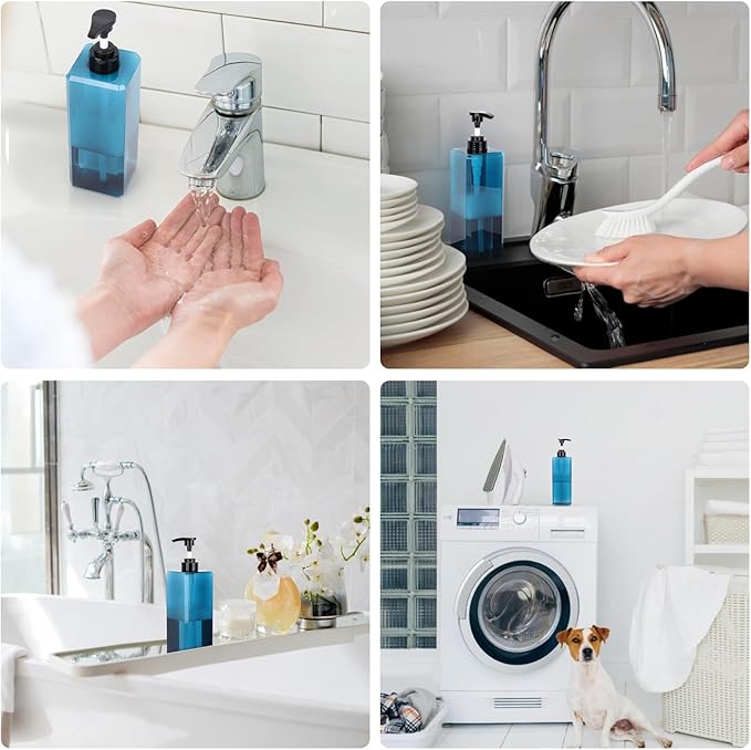 Suream 33.8oz/1000ml Lotion Dispenser, 3PCS Blue Refillable Shampoo and Conditioner Bottles with Labels, Square Soap Dispenser Set for Essential Oil Lotion Shampoo
