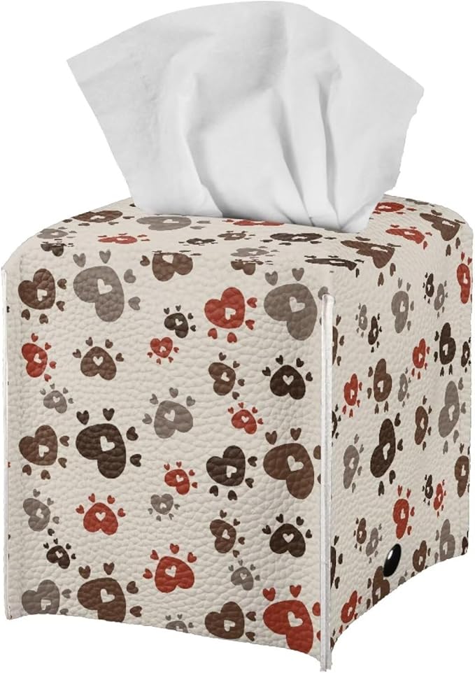 Brown Dog Paws Tissue Box Cover Holder Stylish PU Leather Square Tissue Box Cover with Metal Button Waterproof Napkin Holder for Home Office Car Bathroom Decor