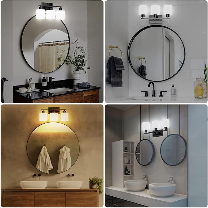 Black Bathroom Light Fixtures Over Mirror, Rustproof Vanity Lights for Bathroom, Modern 3-Light Wall Sconces for Living Room, Milky White Glass Shades, Standard E26 Base, Bulbs Not Included