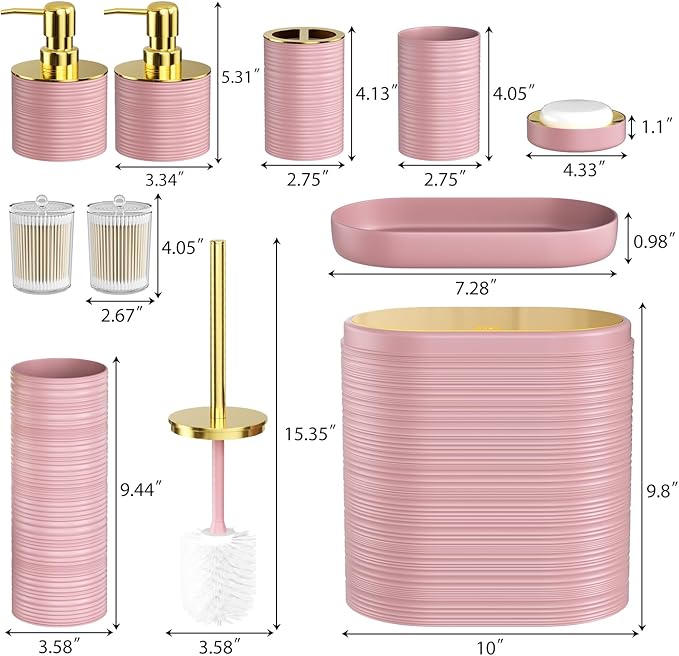 Bathroom Set, 10PC Bathroom Accessory Set, Pink Bathroom Accessories, Pink and Gold Bathroom Set with Trash Can, Soap Dispensers