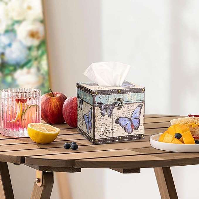 Sumnacon Tissue Box Retro Wood Square Tissue Box Cover Vintage Cube Tissue Box Holder,Decorative Tissue Holder for Bedroom Bathroom Toilet Table Desk Car Store Office Home,Beige White+Blue