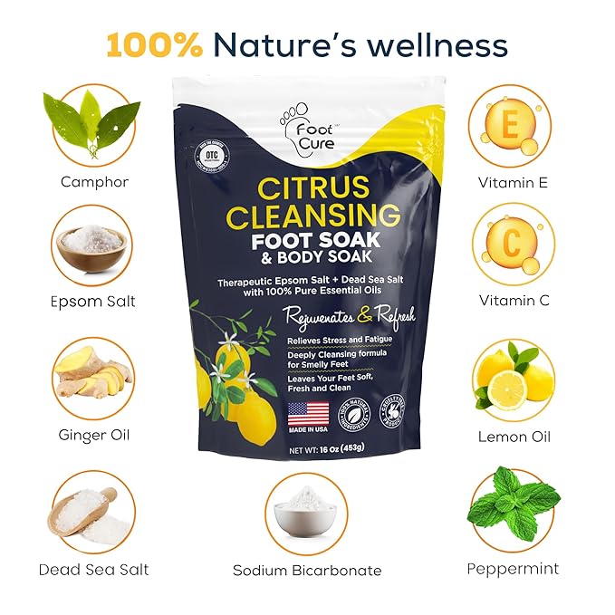 FOOT CURE Citrus Detox Foot Soak with Epsom Salts – for Foot Callus, Damaged Toenail Appearance, Pedicure Spa, and Soothing Sore, Tired Feet - 16 oz (Pack of 1)