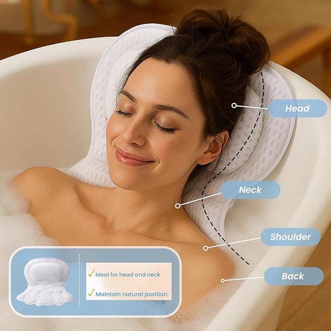 Bath Pillow for Tub | 4D Air Mesh Fabric - Plush Bathtub Pillow for Neck & Back Support, Hot Tub Pillow with 6 Non-Slip Suction Cups | Spa Pillow for Relaxation and Comfort (White).