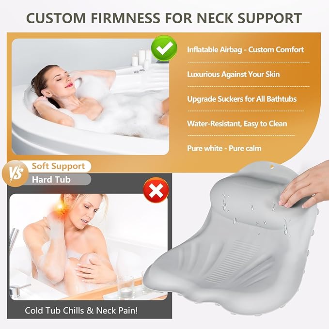 Inflatable Bath Pillows for Tub - Adjustable Firmness Silicone Bathtub Pillow for Neck-Relaxing & Epsom Salt Soaking, Bath Pillow for Head & Back Support Cushion, Spa Gifts for Women, Parent (Gray)