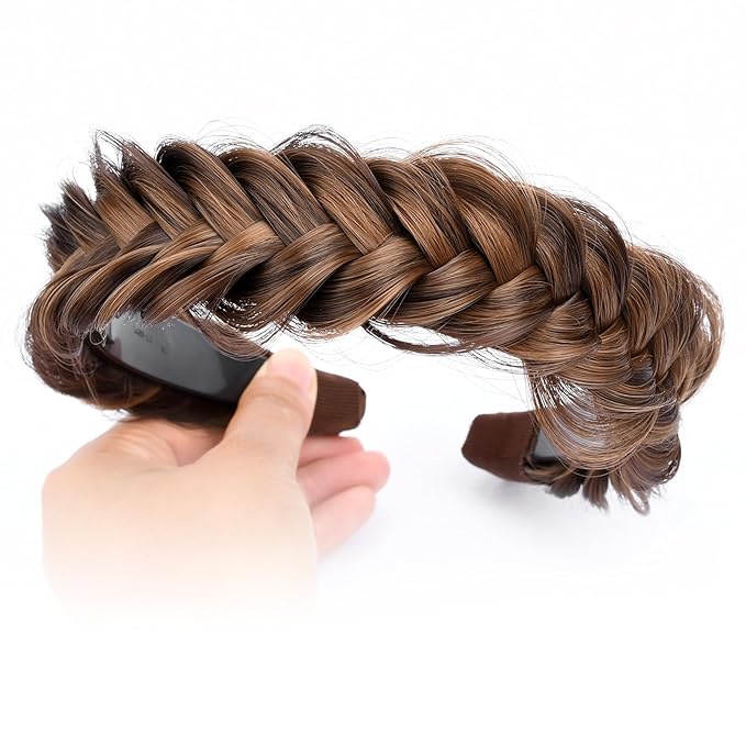 DIGUAN Wide Messy Braided Headband With Teeth Synthetic Hair Plaited Headband High Elasticity Braids Chunky Fishtail Braided Hair Band Hairpiece for Girls Women (Chocolate Toast)