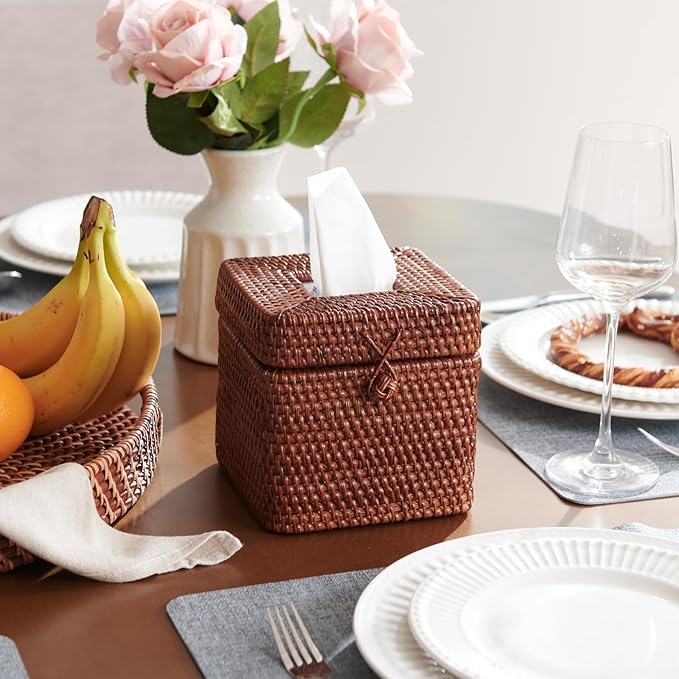Rattan Square Tissue Box Cover, 5.7" x 5.7" x 5", Decorative Woven Facial Tissue Holder with Hinged Top Lid, Brown