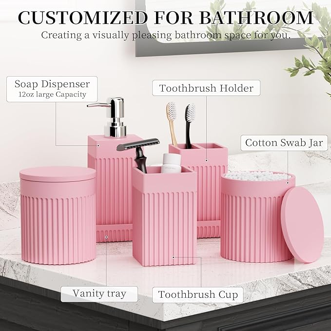 6-Piece Pink Bathroom Set - Sleek Resin Bathroom Accessories Set with Soap Dispenser, Toothbrush Holder, Vanity Tray, Tumbler & Apothecary Jars for Small Spaces