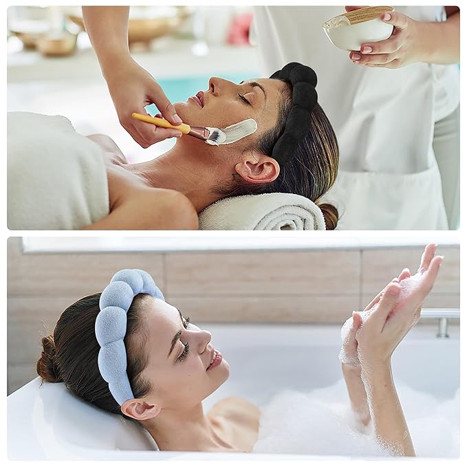 Face Wash Headband, Set of 2 - Terry Cloth Spa Headbands for Washing Face or Facial, Puffy Makeup Headbands for Skincare, Mask, Hair Salon, Professional Use (Black & Blue)