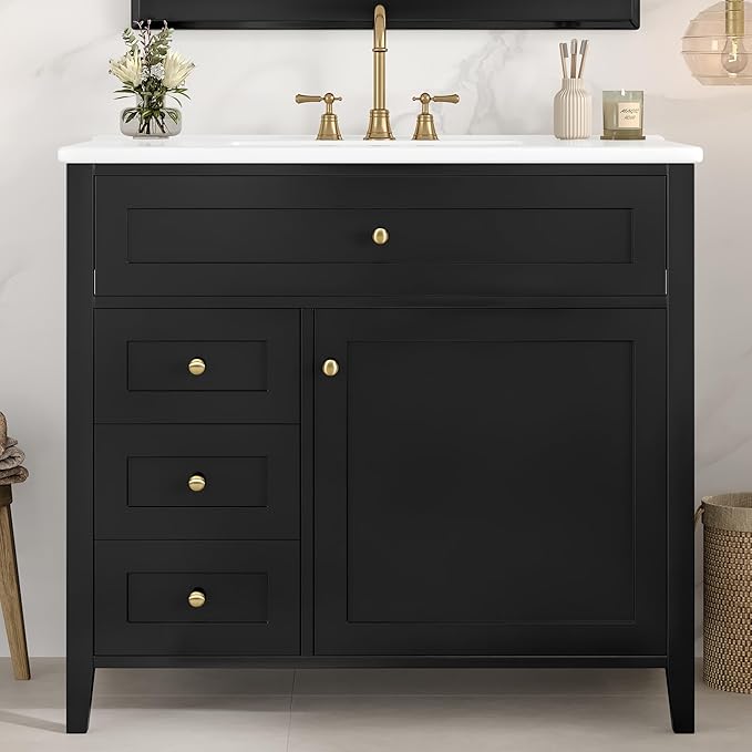 Harper & Bright Designs 36" Bathroom Vanity with Sink, Free Standing Vanity Set with 4 Drawers, Storage Racks, and Adjustable Shelf, Wood Bathroom Cabinet with Ceramic Basin for Bathroom, Black