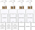 Empty Plastic Square Bottles Pump Shampoo Conditioner Body Wash Face, in Shower Bathroom Dispenser, Waterproof Permanent Labels, 27oz 800ml Set of 4 (White Plastic, Gold White Pump)