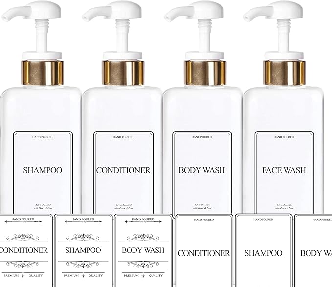 Empty Plastic Square Bottles Pump Shampoo Conditioner Body Wash Face, in Shower Bathroom Dispenser, Waterproof Permanent Labels, 27oz 800ml Set of 4 (White Plastic, Gold White Pump)