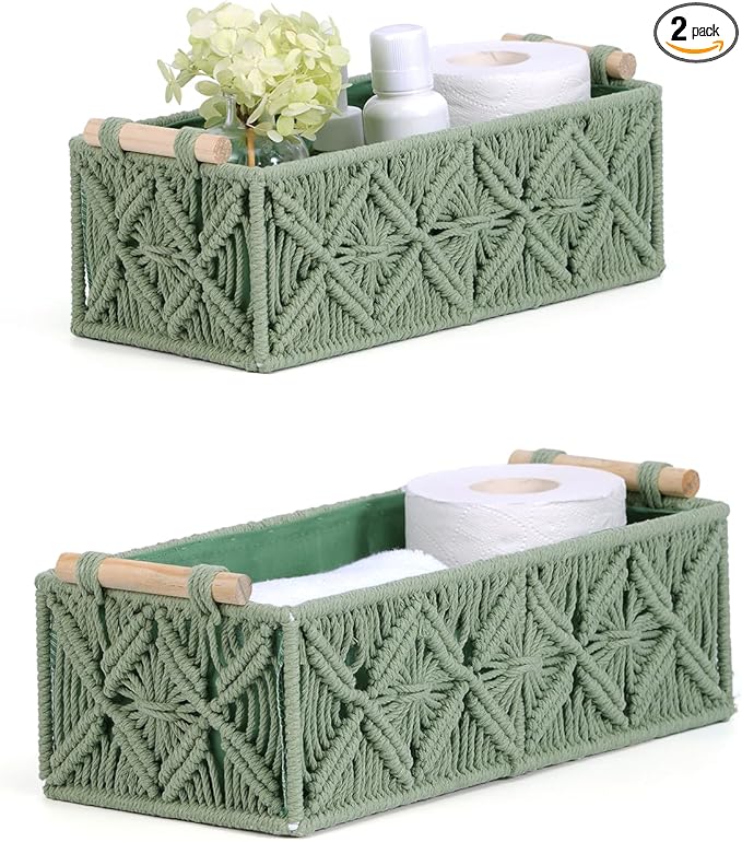 Nonam Macrame Storage Baskets, Boho Decor Style Woven Storage Boxes for Home Organization, Toilet Tank Shelf Cabinet Organizer Baskets,Set of 2,Green