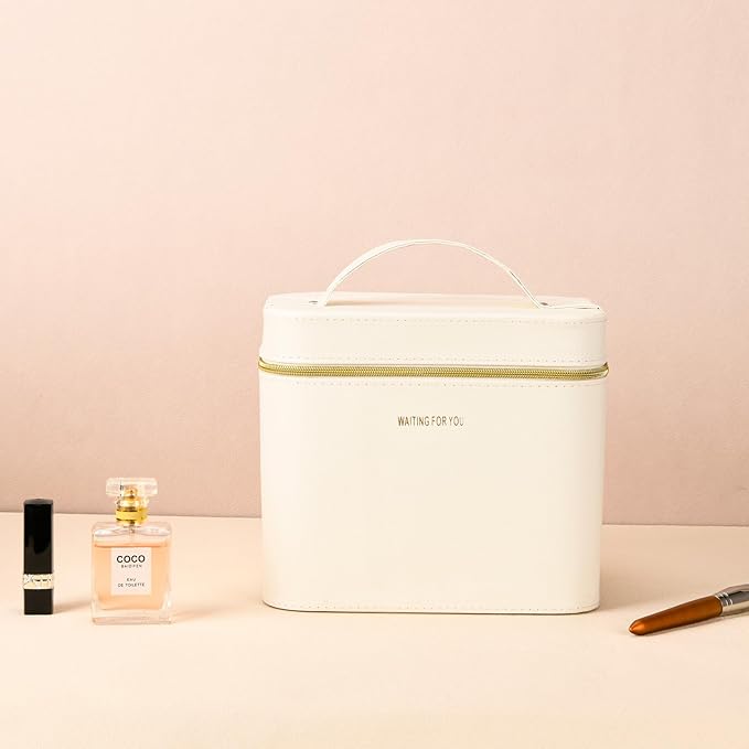 Luxury Hard white makeup box, Portable leather hard cosmetic case with mirror, Sturdy train case make up box for women adults. (Monolayer - white