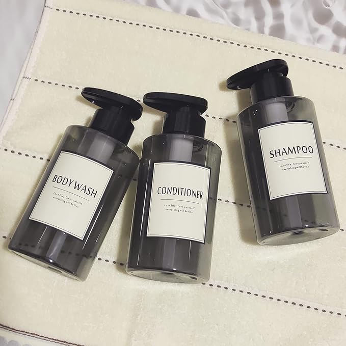 300ml Travel Shampoo Bottles Refillable,Empty Pump Plastic Dispensers 10 oz Shower Containers for Shampoo Conditioner Body Wash (Transparent Black,1 Set)