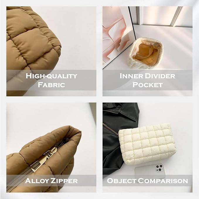 Puffy Quilted Makeup Bag for Women, Cosmetic Bag, Travel Toiletry Organizer Pouch Clutch (Brown Leopard)