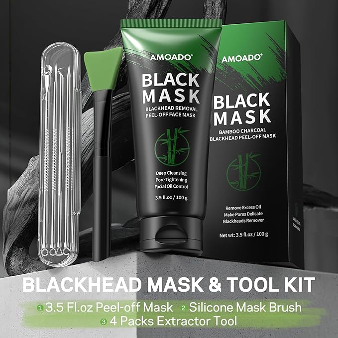 Blackhead Remover Mask, Charcoal Peel Off Face Mask Kit, (100g) Deep Pore Cleans,Oil Control, Blackheads Peel Off Black Mask for Men & Women – Includes Brush,Extractor Tool
