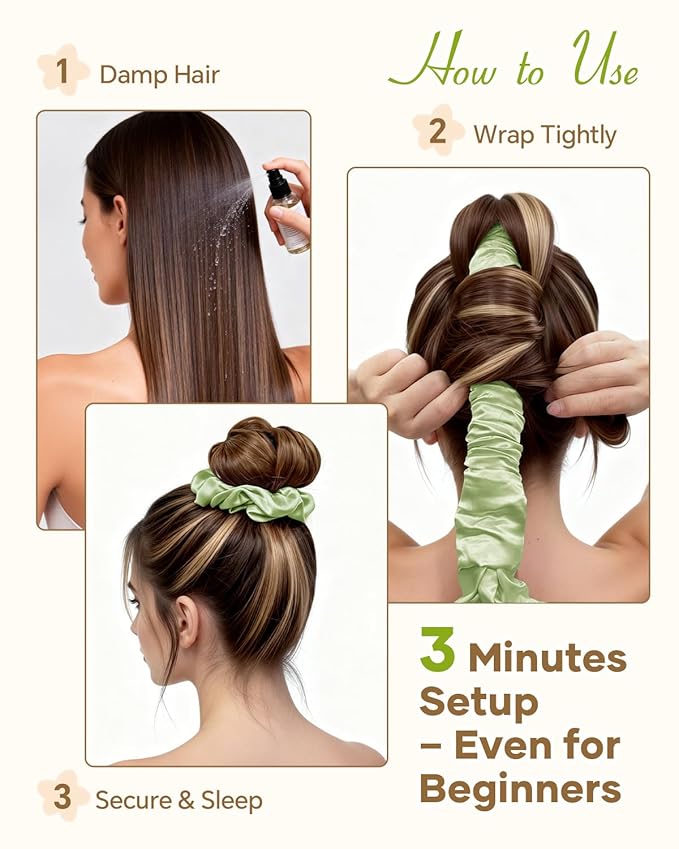 BONNET QUEEN Satin Heatless Hair Curler, Overnight Curls for Long Hair, ultra soft Heatless Curling Rod & 2 Scrunchies,Damage-Free Styling, Soft Hair Curlers for Overnight Use(Sage)