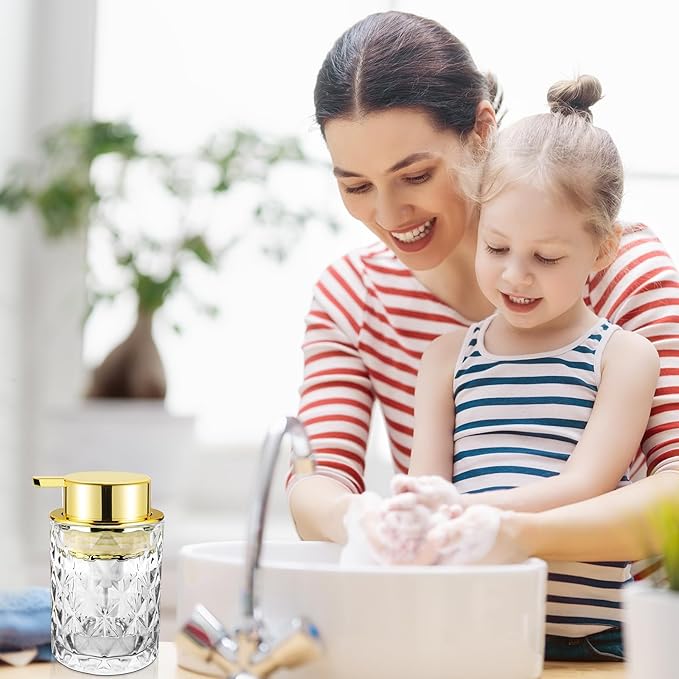 Glass Foaming Soap Dispenser 2 Pack Refillable Foaming Hand Soap Dispenser with Gold Large Pump Wide Opening for Bathroom Kitchen Countertop Modern Home Decor with Elegant Pattern, Transparent
