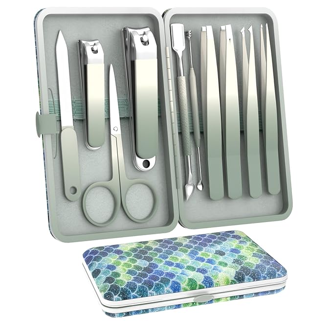 Manicure Set 10 in 1 Stainless Steel Nail Clippers Scissors Tweezers Grooming Kit with Travel Case (Green)