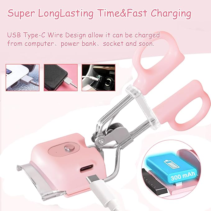 Heated Eyelash Curler, Metal Version, 3 Heating Modes, Rechargeable, Electric Eyelash Curler for Quick Natural Curling & Long Lasting (Pink)