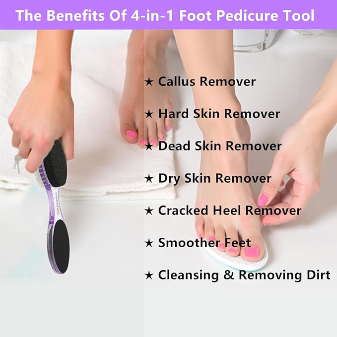 Foot File Callus Remover 4-in-1, Feet Scraper Pedicure Tools with Pumice Stone, Scrubber Brush, Foot Rasp and Sand Paper, Double Sided Multi Purpose, Clear Black and Purple
