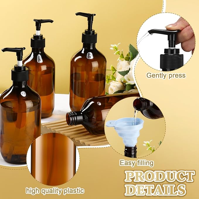 Sliner 6 Pcs Shampoo and Conditioner Dispenser Bottles 16.9 oz Plastic Shower Bottles with Pump and 1 Silicone Funnel Reusable Hand Soap Containers for Bathroom Shower(Amber)
