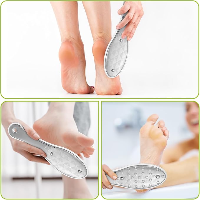 2 Pcs Foot File Metal Stainless Steel Double Sided Feet Rasp Surface Scraper Scrubber Professional Grater Heel Corns Callus Remover Pedicure Care Tools for Wet Dry Hard Dead Skin