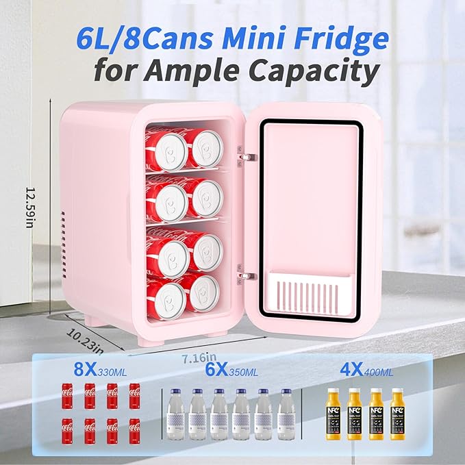 Mini Fridge, 6 Liter/8 Can 110V AC/DC Portable Thermoelectric Cooler Refrigerators for Bedroom, Skincare, Beverage, Office, Dorm Room and Car, Pink
