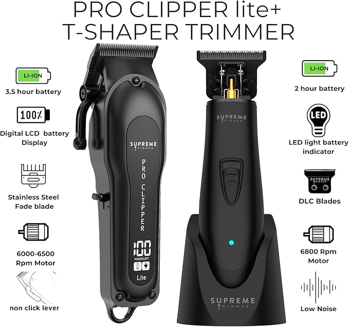 Supreme Trimmer 2-in-1 Pro Clipper Lite & DLC T-Shaper Combo | Professional Beard Trimmer ST5206 & Hair Clipper STC5000 Barber Hair Cutting Starter Kit | Black