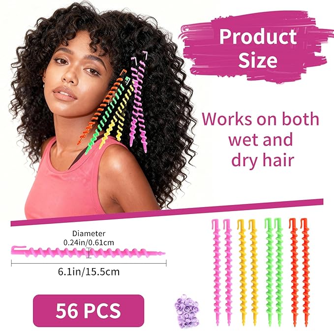 VinBee 56 Pcs Spiral Hair Rods for Natural Hair - Barber Hairdressing Rollers and Plastic Salon Kit for Women and Girls