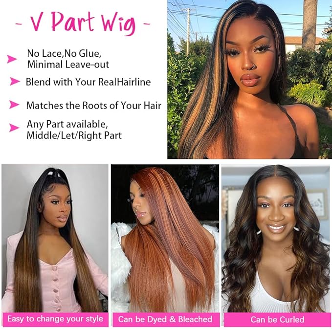 Highlight Ombre V Part Wigs Human Hair Straight Brazilian Virgin Human Hair Wigs Balayage Blonde Upgrade U Part Wigs 180% Density Glueless Full Head Clip In Half Wig 26inch #FB30