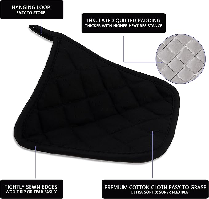 Kitchen Pot Holders Set Heat Resistant Pure Cotton Potholders Kit Trivets Large Coasters Hot Pads Terry Pot Holders for Everyday Cooking and Baking by 7 x 7 Inch Set of 6 Black
